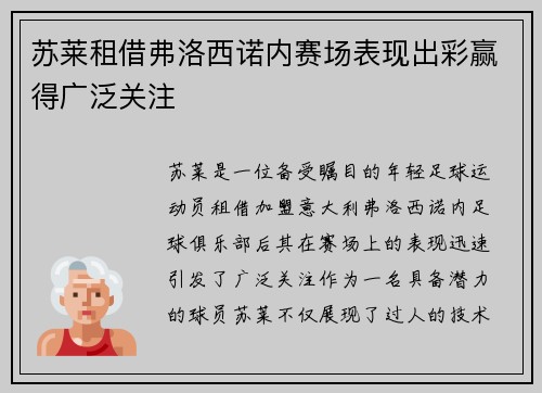 苏莱租借弗洛西诺内赛场表现出彩赢得广泛关注