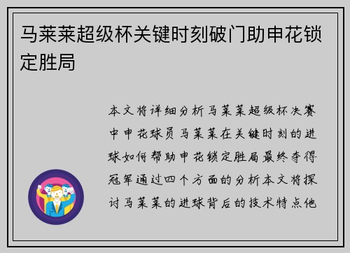马莱莱超级杯关键时刻破门助申花锁定胜局
